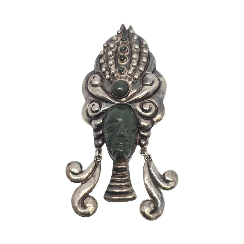 Vintage Aztec Silver Carved Face with Headdress Pin/Brooch #19778